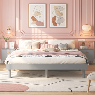 Sunvega Modern Floating Platform Bed Frame in Walnut with Sturdy Wood Construction