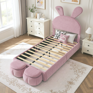Sunvega Pink Twin Size Cartoon Ears Shaped Upholstered Platform Bed with Light