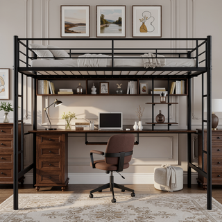 Sunvega Full Loft Bed with Desk and Shelf, Space Saving Design in Black