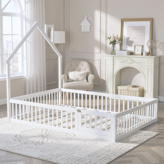 Sunvega White Wood House Platform Bed with Guardrail for Kids Full Size