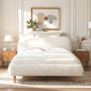 Sunvega King Upholstered Platform Bed with Curved Headboard in Oatmeal Chenille