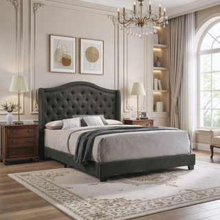 Sunvega Grey Upholstered Eastern King Bed with Tufted Headboard and Nailhead Trim