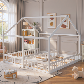 Sunvega Twin Size House Shaped Platform Beds with Safety Guardrails and Roof