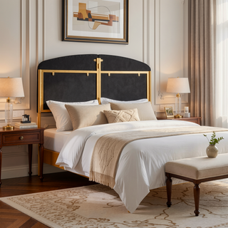 Sunvega Glam Queen Headboard with Gold Steel Frame and Black Velvet Upholstery