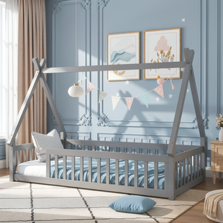 Sunvega Twin Tent Teepee Bed with Guardrails Slats in Grey