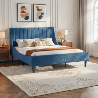 Sunvega Handmade Vertical Tufted Headboard Platform Bed Set in Light Beige Linen