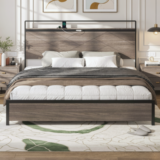 Sunvega Modern Wood and Metal Platform Bed Frame with LED Headboard USB Charging