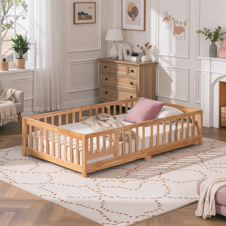 Sunvega Full Size Pine Wood Floor Bed with Safety Guardrails and Door