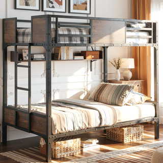 Sunvega Industrial Black Metal Bunk Bed With Wood Panels And Attached Ladder