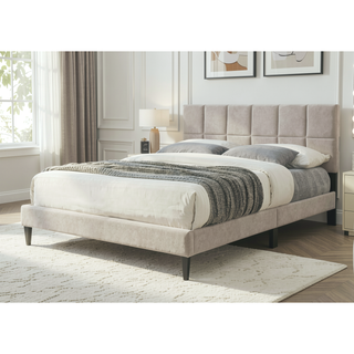 Sunvega Queen Upholstered Pleated Bed in a Box with Sturdy Dark Brown Frame