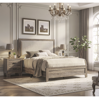 Sunvega Brown Cherry Finish Contemporary Fabric Panel Bed in One Box
