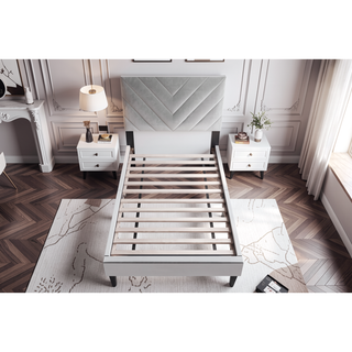 Sunvega Adjustable Velvet Upholstered Twin Bed with 12-Slat Support System
