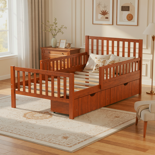 Sunvega Twin Size Walnut Wood Platform Bed with Guardrails and Two Storage Drawers