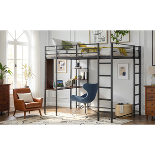 Sunvega Full Size Metal Loft Bed with Desk and 2 Shelves White