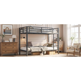 Sunvega Metal Full over Full Bunk Bed for Teens and Adults with Noise Reduction and Storage