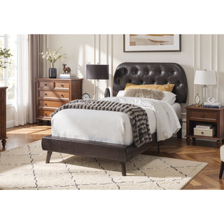 Sunvega Upholstered Twin Size Bed with Brown Leather Look Headboard and Wood Legs