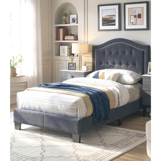 Sunvega European Queen Size Bed with Button Tufted Headboard and Charcoal Finish