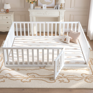 Sunvega Twin Size Wood Floor Bed Frame with Fence and Door in Walnut Finish