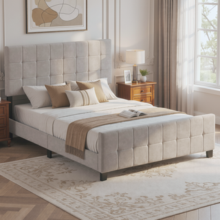 Sunvega Destiny Beige Upholstered Eastern King Panel Bed with Headboard and Footboard