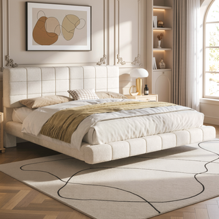 Sunvega King Boucle Floating Bed with Lights and Anti-Collision Corners