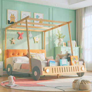 Sunvega Full Size Car Bed with LED Lights, Pillow, and Sturdy Wood Frame for Kids