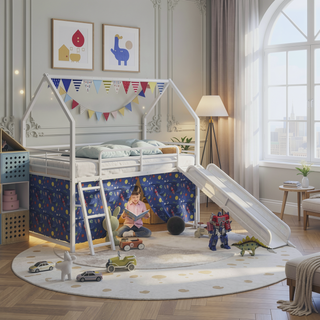 Sunvega Marvel Superhero Metal Twin Loft Bed with Slide and Curtain Set