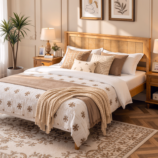 Sunvega Sturdy Wood Platform Bed Frame with Headboard for Queen Size Oak Finish