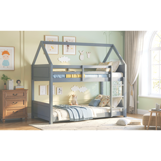 Sunvega Twin Over Twin Wooden House Bunk Bed with Headboards Footboards Guardrails Ladder