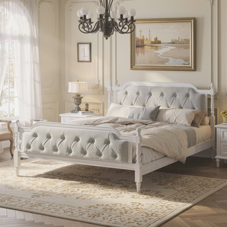 Sunvega French Provincial Style Solid Wood Bed Frame with Tufted Headboard