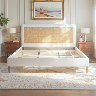 Sunvega Antique White Polyester Upholstered Cane-Back Platform Bed with Birch Frame