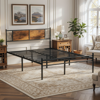 Sunvega King Size Metal Bedframe with Wood Panel Headboard and Under Storage