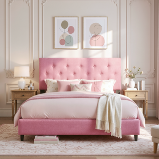 Sunvega Modern Upholstered Platform Bed Frame with Button Tufted Linen Headboard