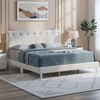 Sunvega Soft Teddy Bear Wheat Color Fabric Upholstered Queen Platform Bed