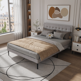 Sunvega Upholstered Queen Platform Bed Frame with Tufted Headboard and Wooden Slats