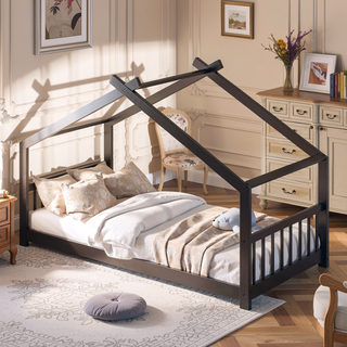Sunvega Full Size Playhouse Design Wood Bed with Roof for Kids Room