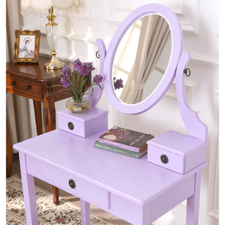 Sunvega Pink Wood Makeup Vanity Table and Stool Set with Mirror and Storage Drawers