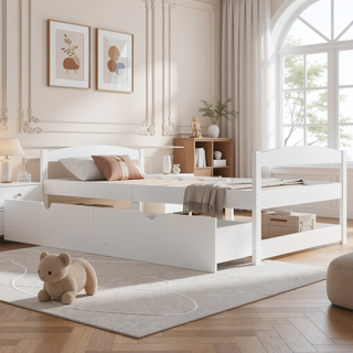 Sunvega White Twin Size Platform Bed with Trundle and Headboard Footboard