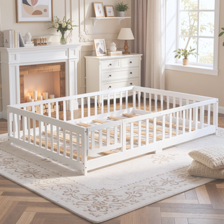 Sunvega Twin Size Floor Bed with Safety Guardrails and Door for Children