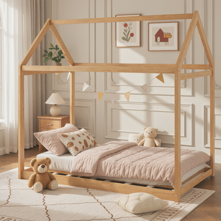 Sunvega Twin Size Gray Wooden House Bed with Eaves Design for Kids Room