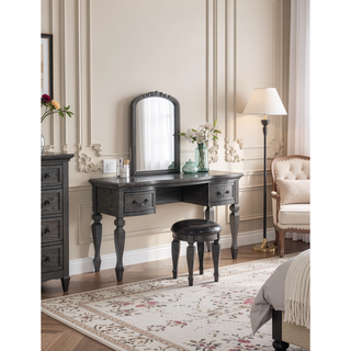 Sunvega Black Wooden Carved Vanity Set with Mirror Stool and Drawers