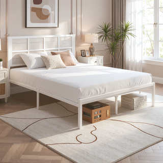 Sunvega White Faux Cane Panel Headboard King Platform Bed with Metal Frame
