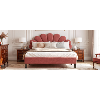 Sunvega Queen Size Upholstered Platform Bed with Flower Pattern Velvet Headboard