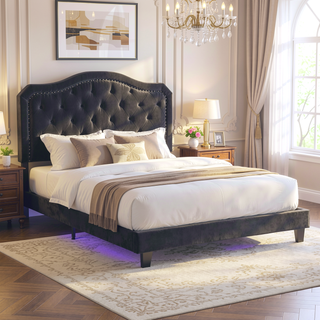 Sunvega King Size Upholstered Platform Bed with Button Tufted Linen Headboard
