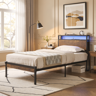 Sunvega King Size Metal Platform Bed Frame with Wooden Headboard and Footboard