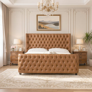 Sunvega Brooklyn King Tufted Panel Bed Headboard and Footboard Set in Caramel Tan Brown
