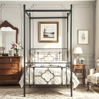 Sunvega Black Finish Twin Platform Bed Canopy Metal Frame Modern Traditional