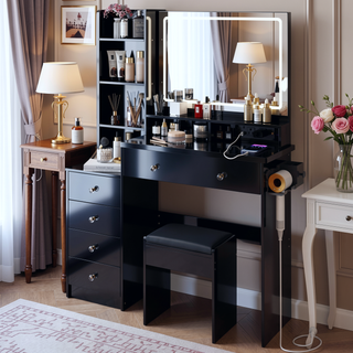 Sunvega 41 Inch Large Size Left Bedside Cabinet Vanity Table with Cushioned Stool