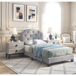 Sunvega Light Gray Finish Twin Size Burlap Fabric Button Tufted Headboard Bed
