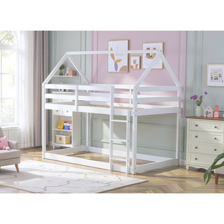 Sunvega Rubber Wood Twin over Twin Bunk Bed with Ladder and Guardrails