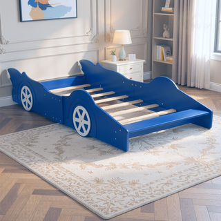 Sunvega Blue Twin Size Race Car-Shaped Platform Bed with Wheels for Kids